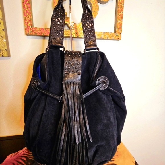 G SERIES Blk Suede Rhinestone Emb. Tassel Fringe Handbag-EUC - Picture 4 of 8